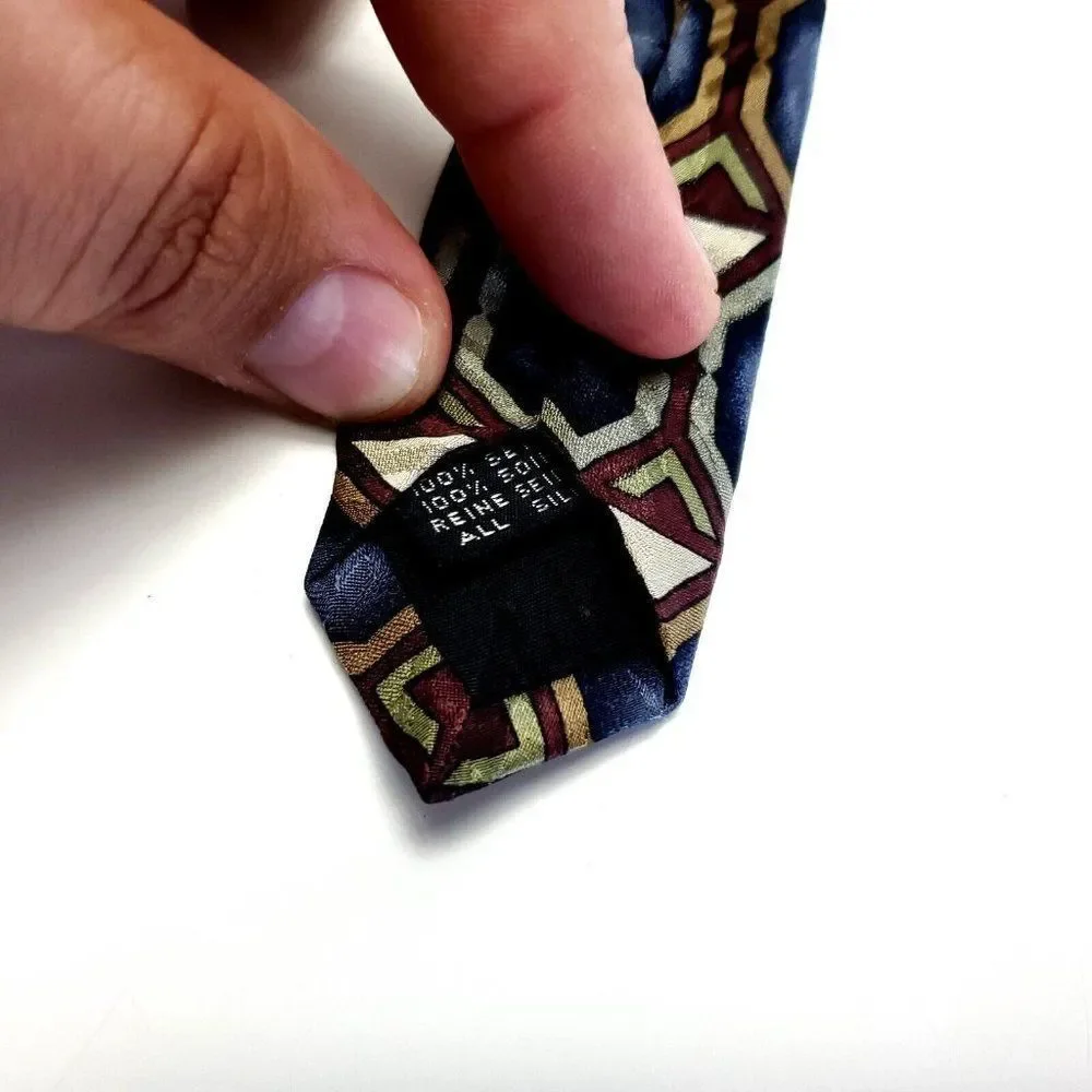 Z. Inc Blue‎ Tan Jacquard Geometric Print Wide Silk Tie
